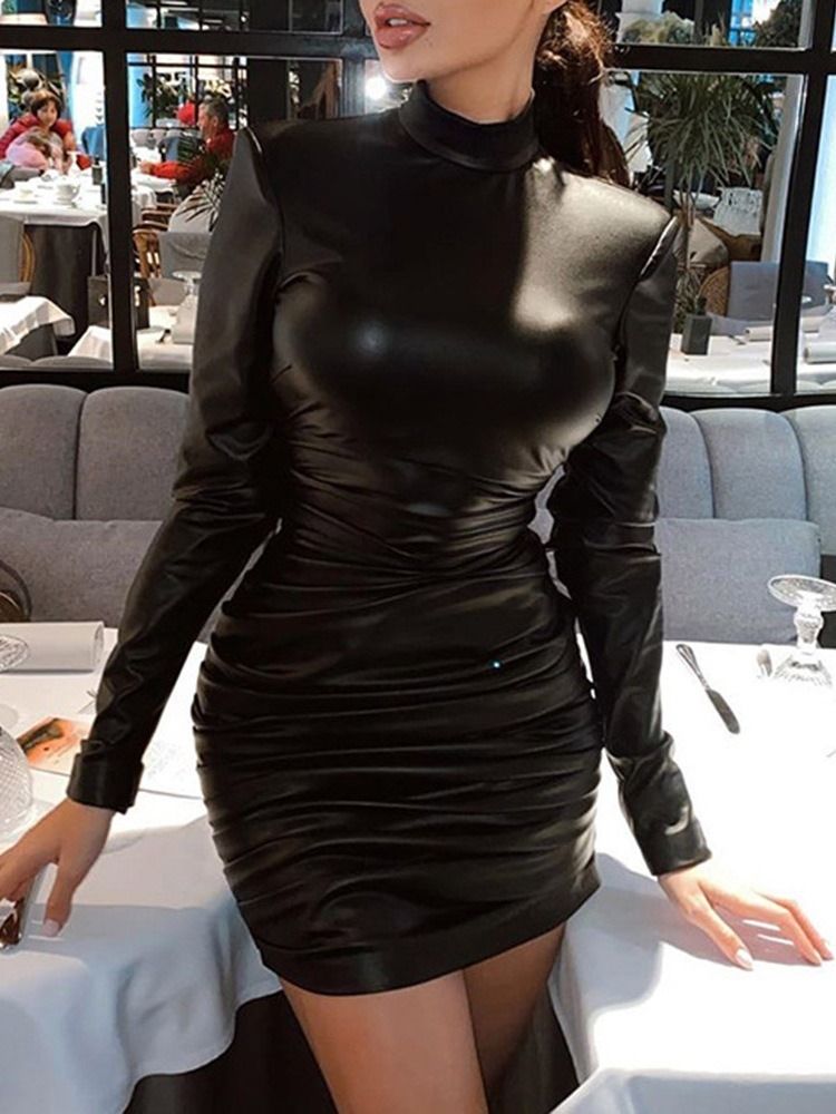 Damen Stehkragen Plissee Langarm Sexy Schlichtes Kleid