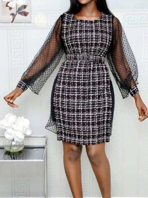 Damen Über Dem Knie Patchwork Mesh Kariertes Regular Kleid