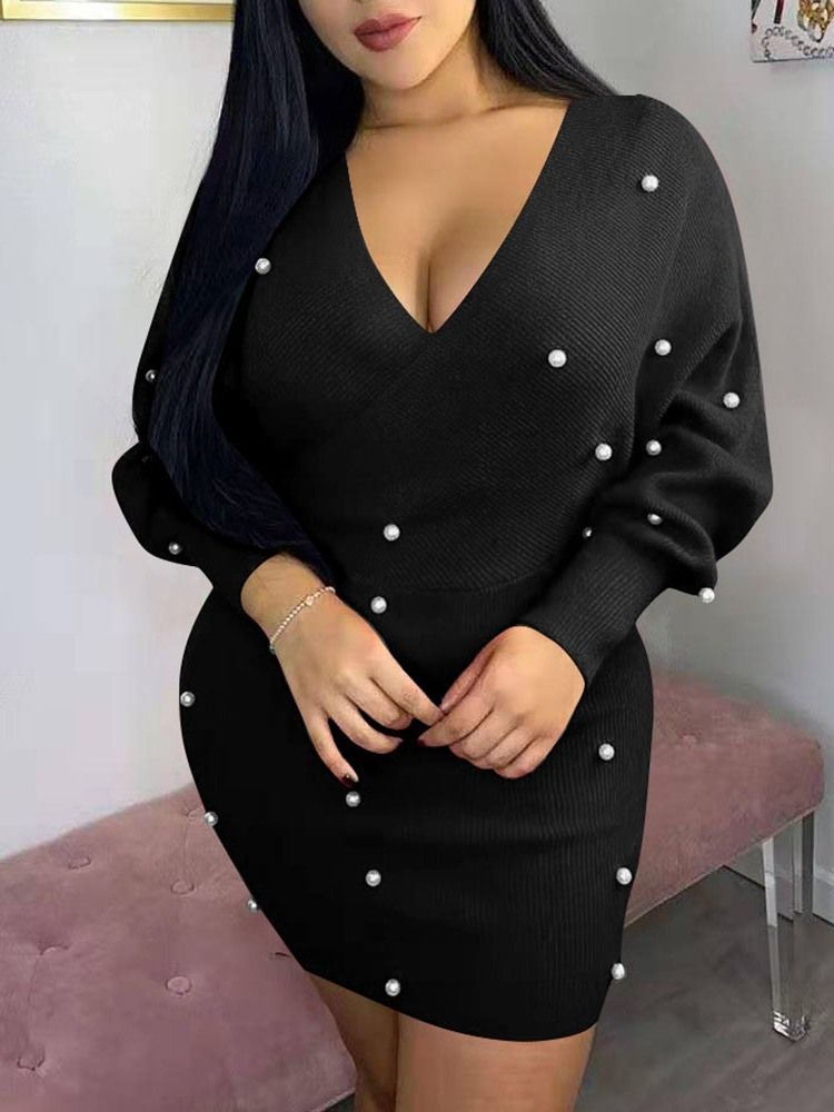 Damen V-ausschnitt Über Dem Knie Perlen Winter Pullover Kleid