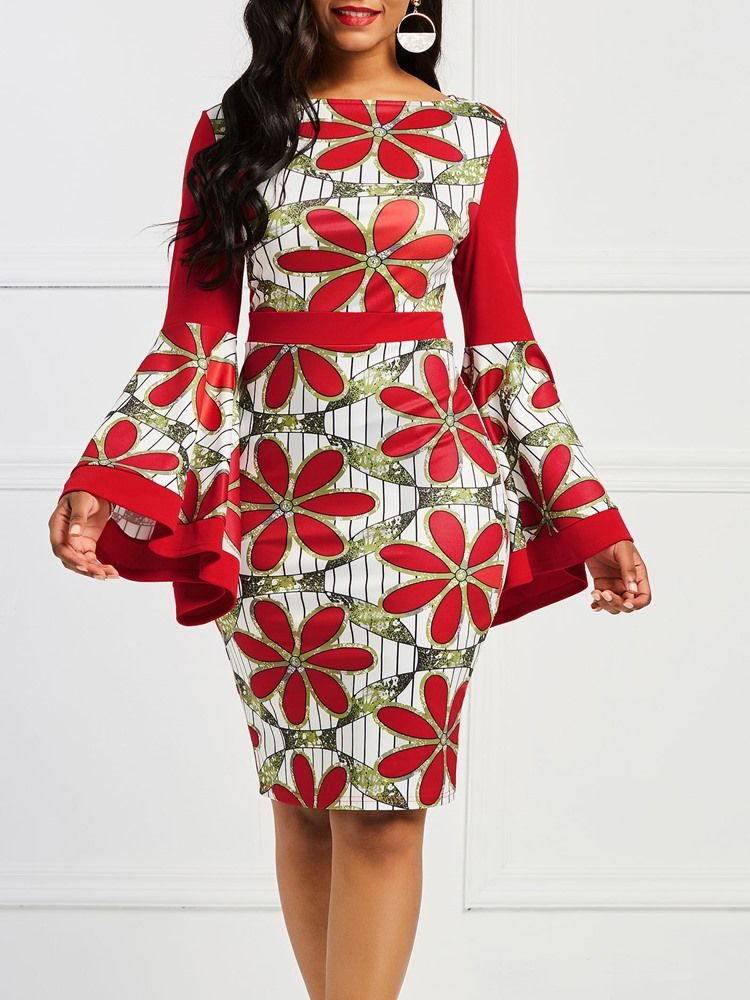 Frauen Afrikanisches Kleid Mit Blumenmuster Und Ausgestellten Ärmeln Figurbetontes Kleid