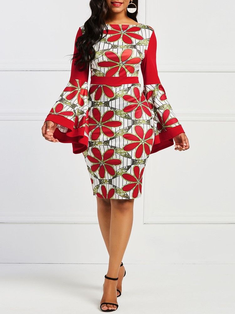 Frauen Afrikanisches Kleid Mit Blumenmuster Und Ausgestellten Ärmeln Figurbetontes Kleid