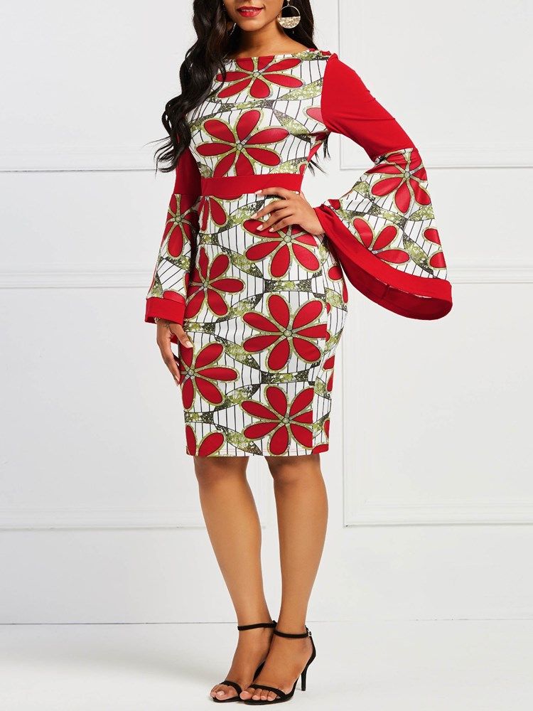 Frauen Afrikanisches Kleid Mit Blumenmuster Und Ausgestellten Ärmeln Figurbetontes Kleid