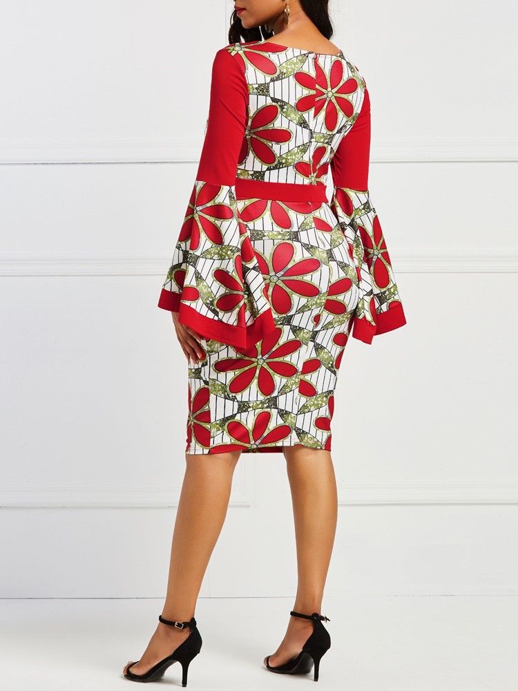 Frauen Afrikanisches Kleid Mit Blumenmuster Und Ausgestellten Ärmeln Figurbetontes Kleid