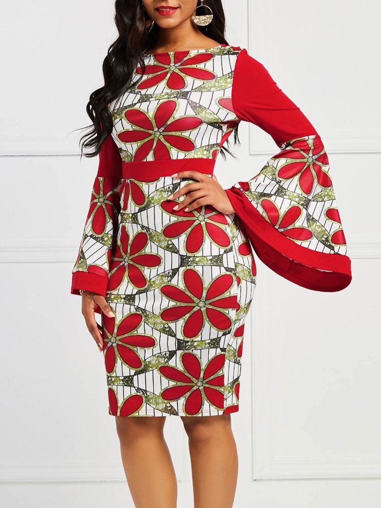 Frauen Afrikanisches Kleid Mit Blumenmuster Und Ausgestellten Ärmeln Figurbetontes Kleid