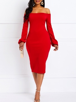 Frauen Bodycon Off Shoulder Langarm Party Rotes Kleid