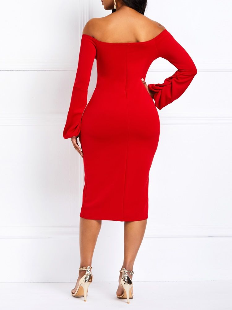 Frauen Bodycon Off Shoulder Langarm Party Rotes Kleid