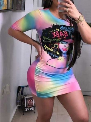 Frauen Bodycon Print Über Dem Knie Tie-dye Rundhalskleid