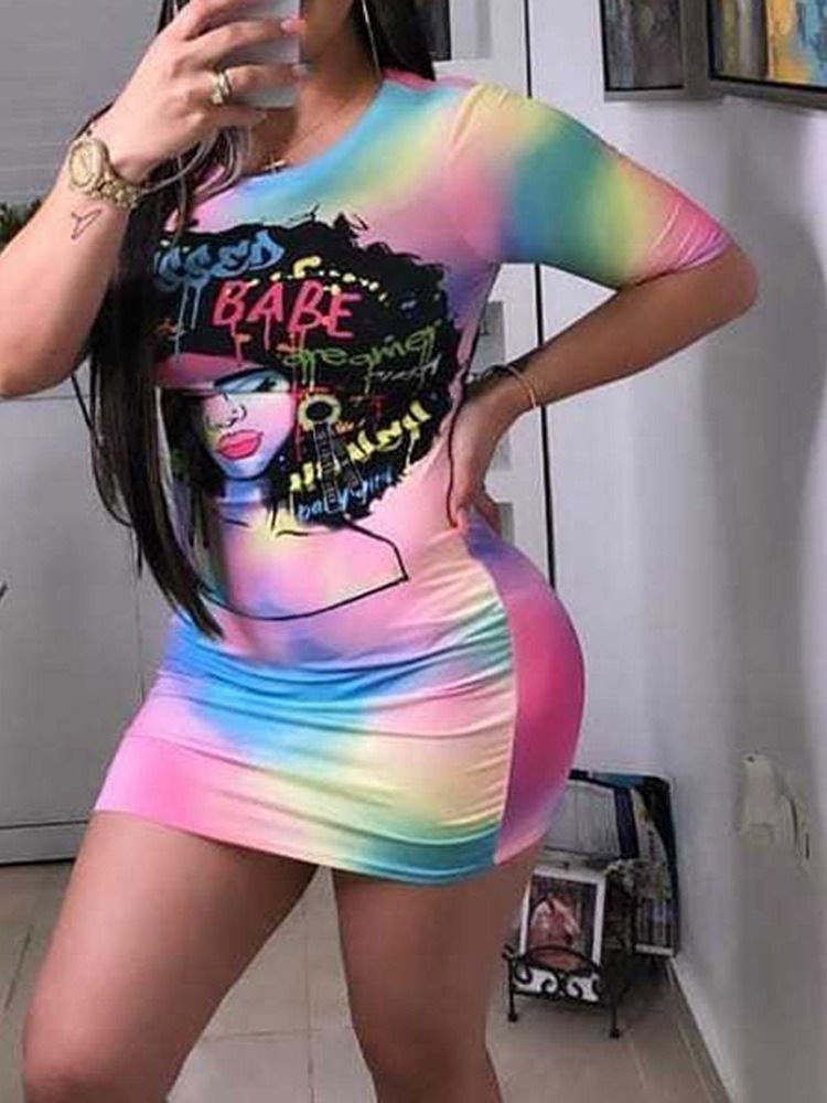 Frauen Bodycon Print Über Dem Knie Tie-dye Rundhalskleid