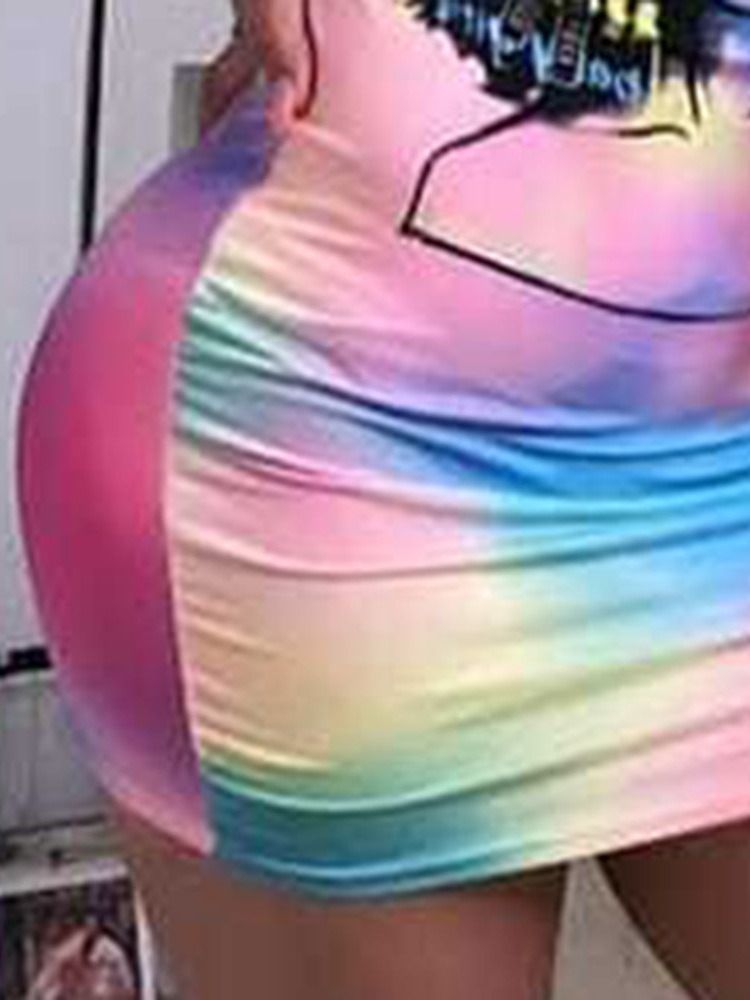 Frauen Bodycon Print Über Dem Knie Tie-dye Rundhalskleid