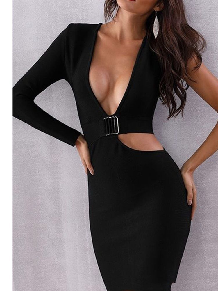 Frauen Langarm Hohl V-ausschnitt Bodycon Sexy Kleid