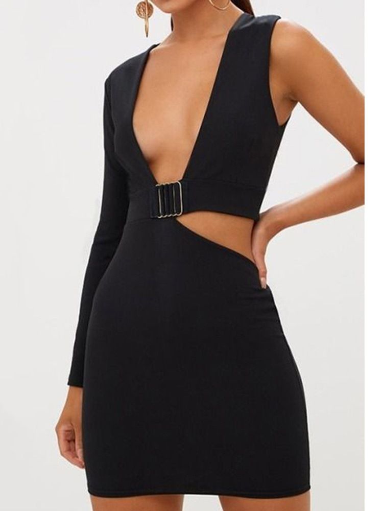 Frauen Langarm Hohl V-ausschnitt Bodycon Sexy Kleid