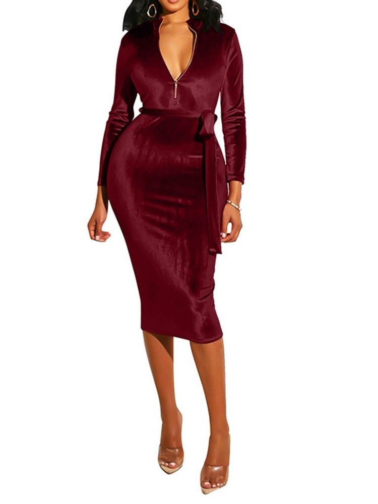 Frauen Langarm Mid-waden Sexy Bodycon Kleid Mit Reißverschluss