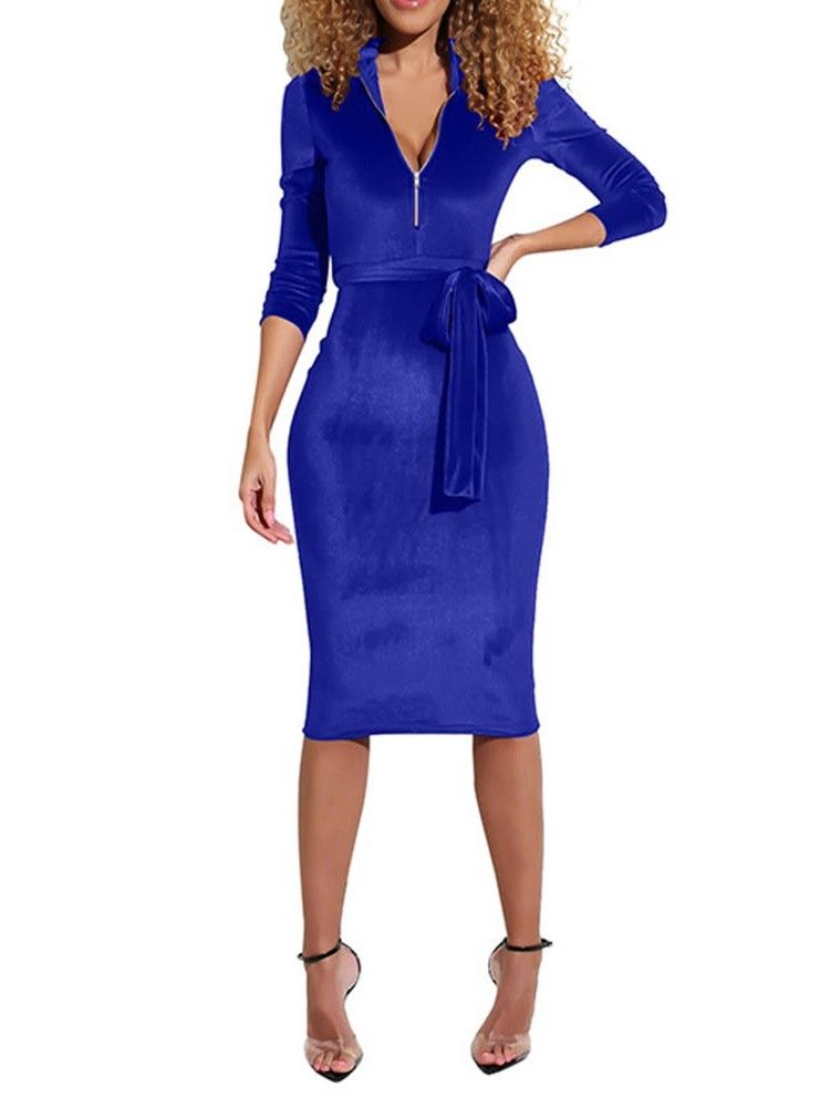 Frauen Langarm Mid-waden Sexy Bodycon Kleid Mit Reißverschluss