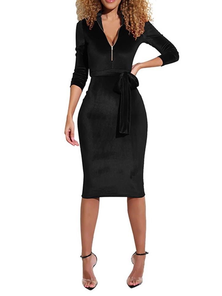 Frauen Langarm Mid-waden Sexy Bodycon Kleid Mit Reißverschluss