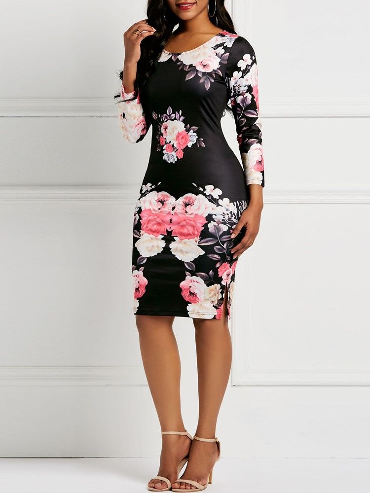 Frauen Langarm Pullover Print Bodycon Blumenkleider