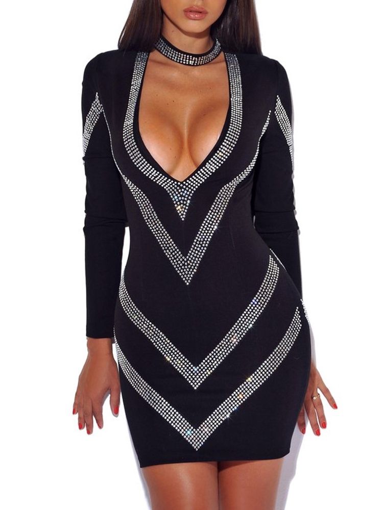 Frauen Langarm Strass Bodycon Kleid