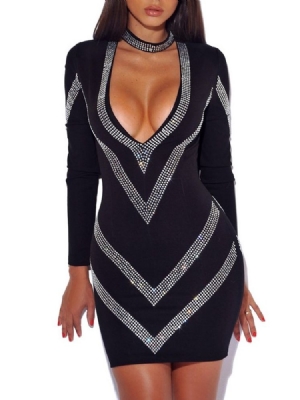 Frauen Langarm Strass Bodycon Kleid