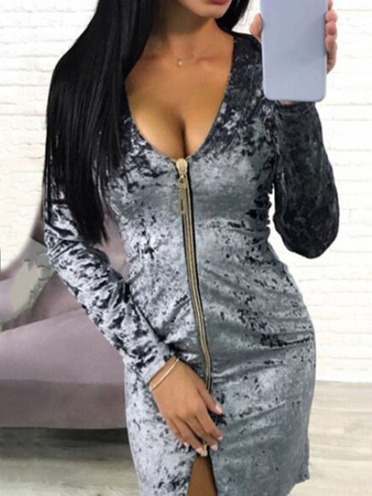 Frauen Langarm V-ausschnitt Reißverschluss Bodycon Sexy Kleid