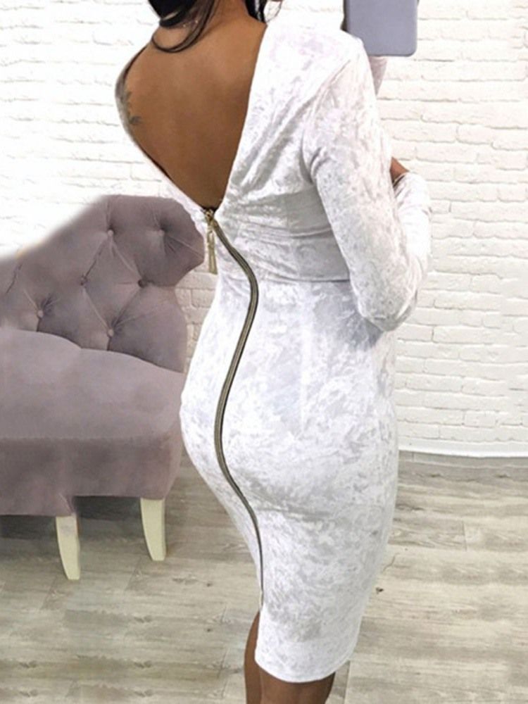 Frauen Langarm V-ausschnitt Reißverschluss Bodycon Sexy Kleid