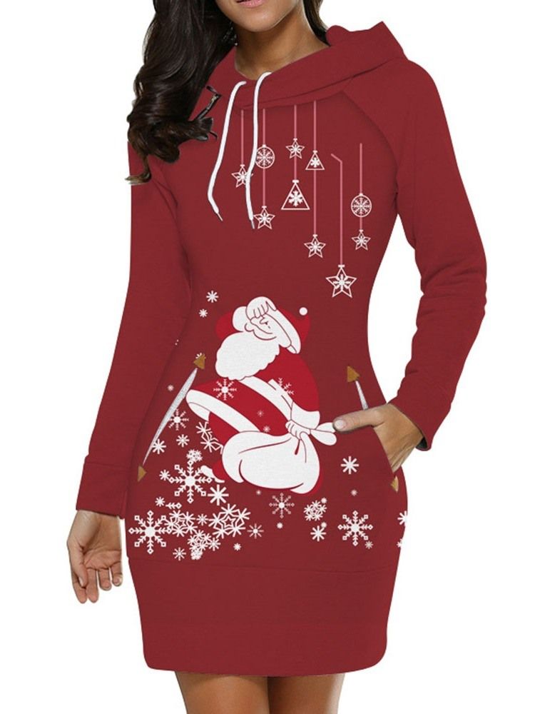 Frauen-weihnachtsdruck Über Dem Knie Langärmliges Winter-a-linien-kleid