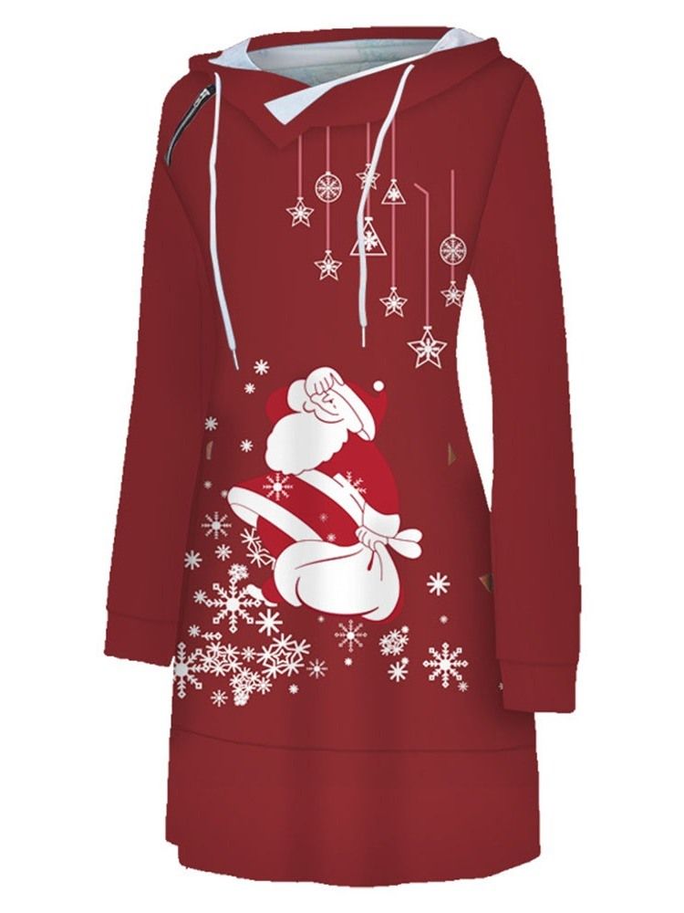 Frauen-weihnachtsdruck Über Dem Knie Langärmliges Winter-a-linien-kleid