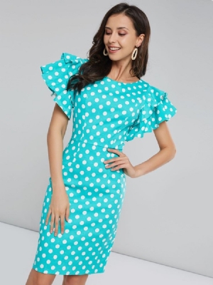 Knielanges Figurbetontes Kleid Mit Polka Dots Und Blütenblattärmeln Für Damen