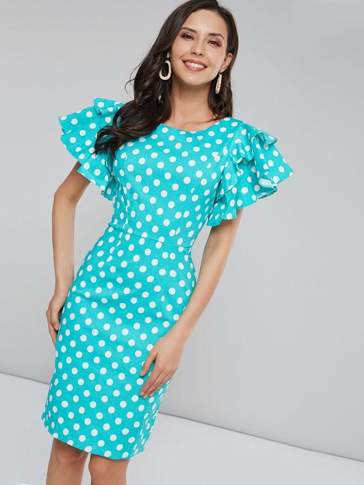 Knielanges Figurbetontes Kleid Mit Polka Dots Und Blütenblattärmeln Für Damen