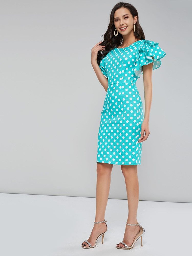 Knielanges Figurbetontes Kleid Mit Polka Dots Und Blütenblattärmeln Für Damen