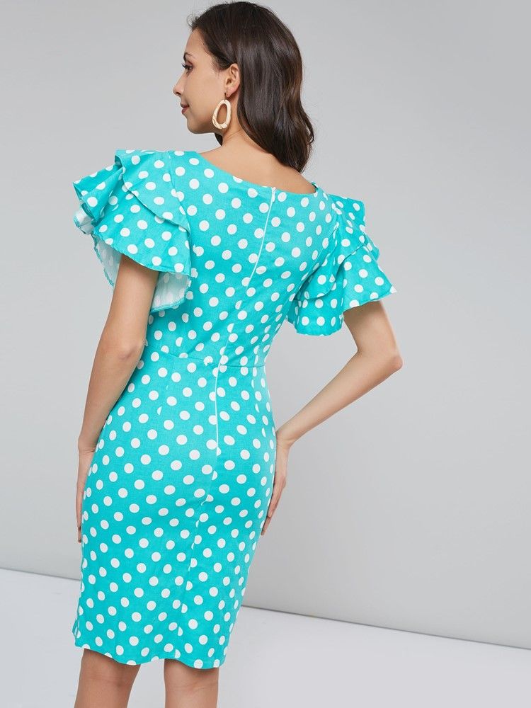 Knielanges Figurbetontes Kleid Mit Polka Dots Und Blütenblattärmeln Für Damen