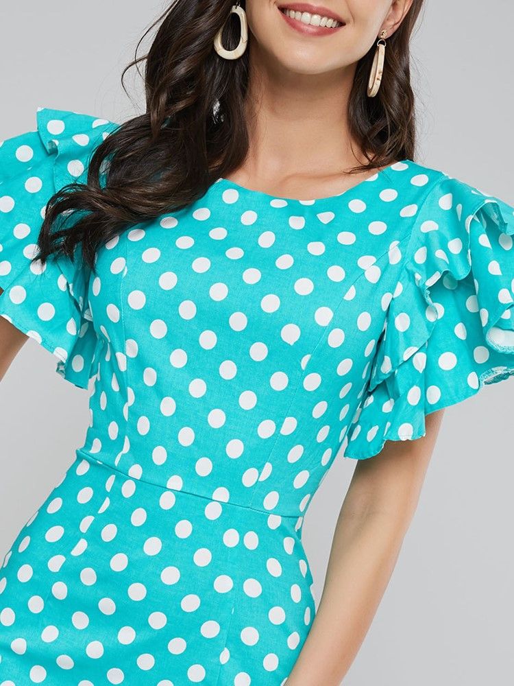 Knielanges Figurbetontes Kleid Mit Polka Dots Und Blütenblattärmeln Für Damen