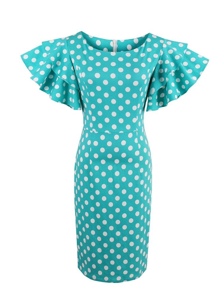 Knielanges Figurbetontes Kleid Mit Polka Dots Und Blütenblattärmeln Für Damen