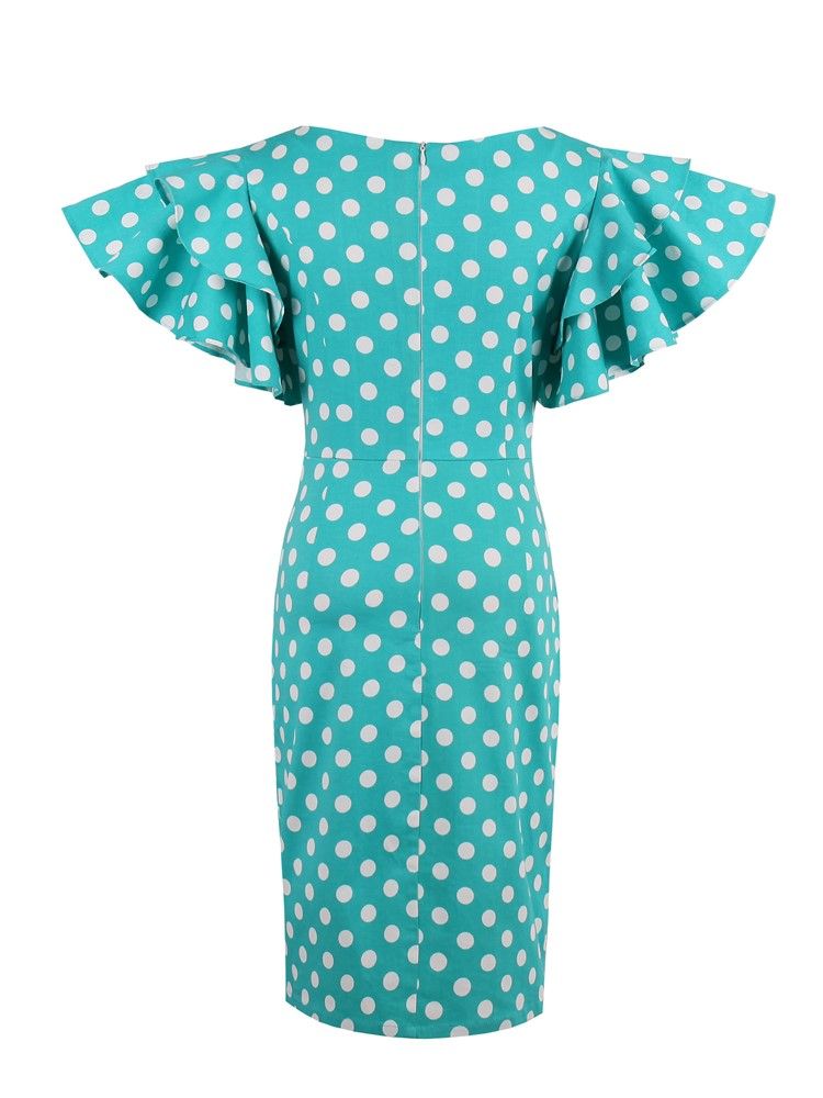 Knielanges Figurbetontes Kleid Mit Polka Dots Und Blütenblattärmeln Für Damen