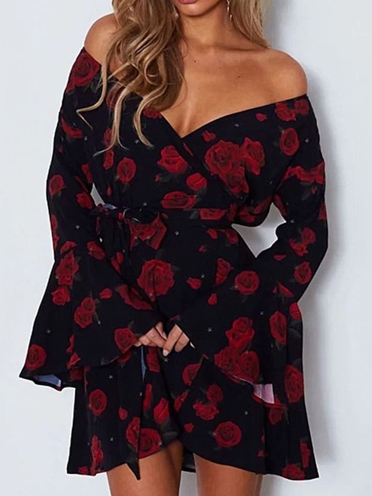 Langarm-print Über Dem Knie Mode Blumen Damenkleid