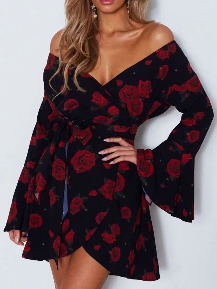 Langarm-print Über Dem Knie Mode Blumen Damenkleid