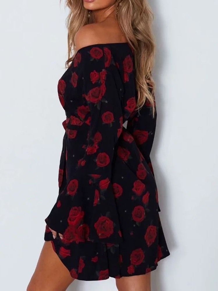 Langarm-print Über Dem Knie Mode Blumen Damenkleid