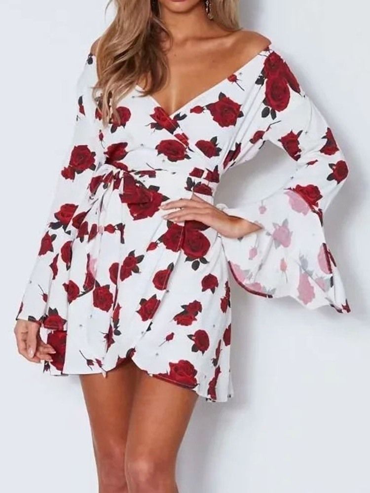 Langarm-print Über Dem Knie Mode Blumen Damenkleid