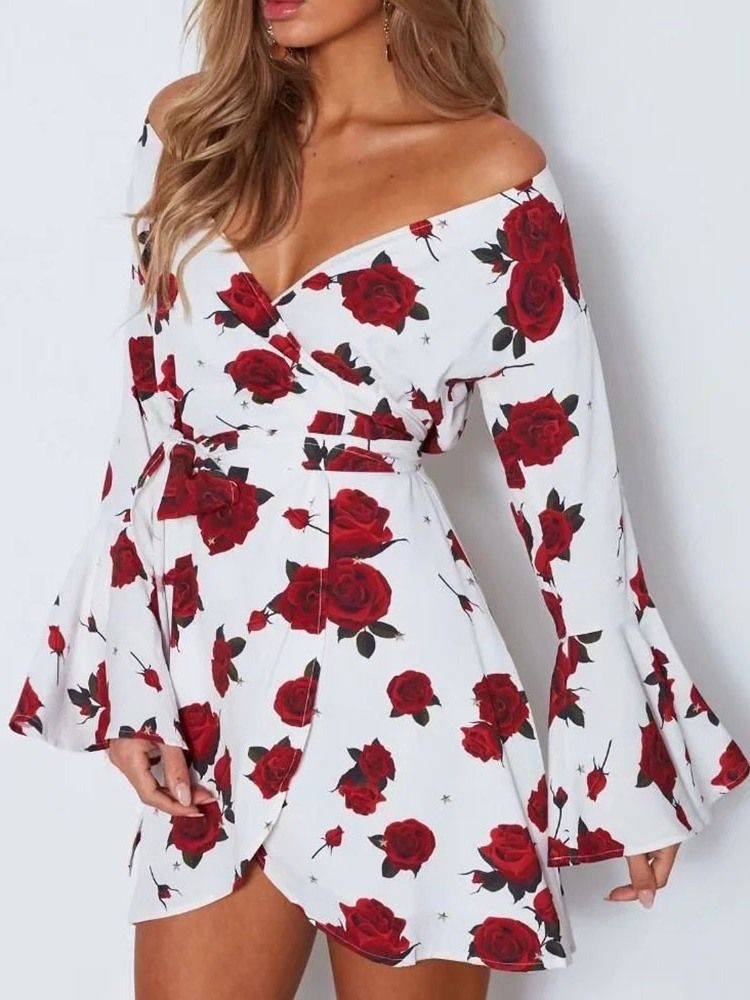 Langarm-print Über Dem Knie Mode Blumen Damenkleid