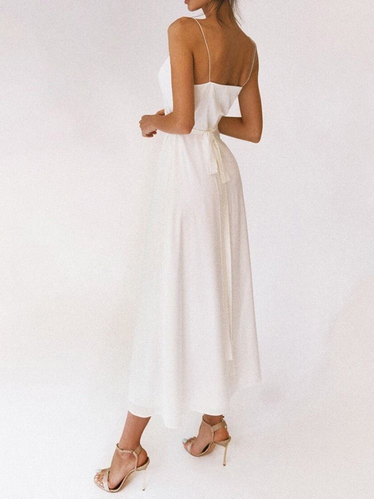 Mitte Der Wade V-ausschnitt Backless Fashion Plain White Dress Strandkleider Für Frauen Hochzeitsgast Kleid