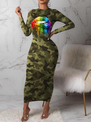 Reguläres Kleid Mit Rundhalsausschnitt Und Print Bis Zur Wade In Camouflage