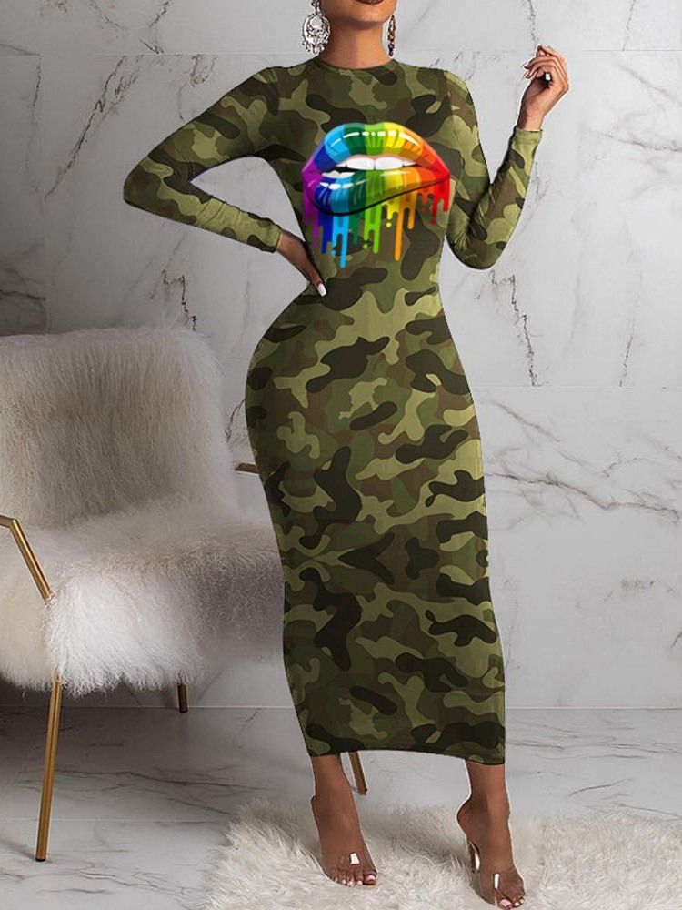 Reguläres Kleid Mit Rundhalsausschnitt Und Print Bis Zur Wade In Camouflage