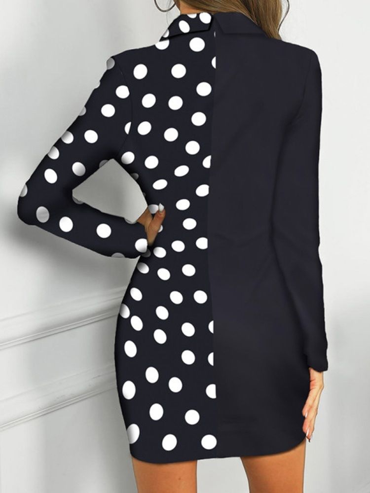 Über Dem Knie Patchwork Langarm Damen Sexy Polka Dots Kleid