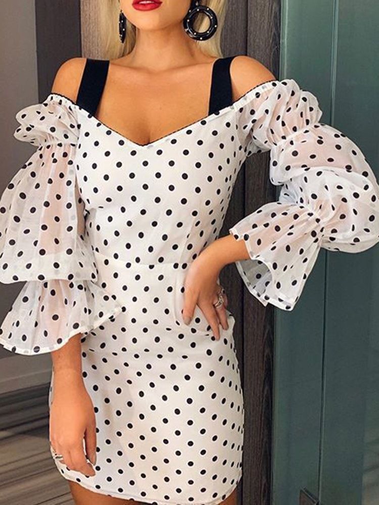 Über Dem Knie Patchwork Neun Punkte Ärmel Polka Dots Damen Figurbetontes Kleid