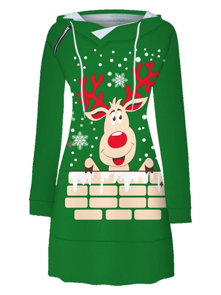 Weihnachten Print Langarm Kapuzenpullover Regular Dress Für Damen Regular