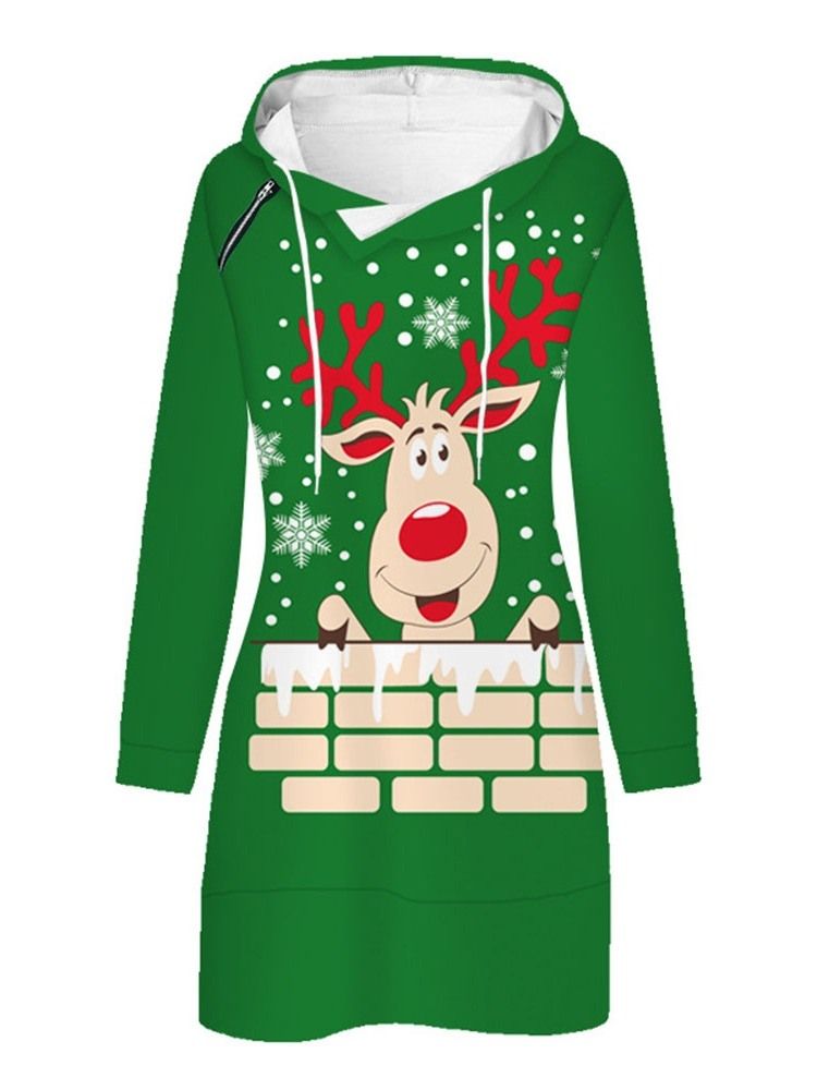 Weihnachten Print Langarm Kapuzenpullover Regular Dress Für Damen Regular