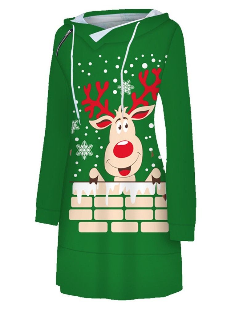 Weihnachten Print Langarm Kapuzenpullover Regular Dress Für Damen Regular