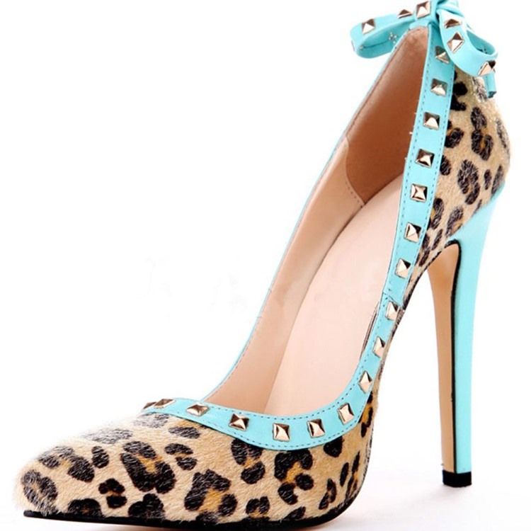 Nieten Leopard Stiletto-absatz Spitze Zehe Schleife Damen Pumps