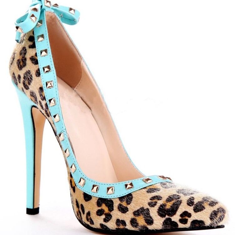 Nieten Leopard Stiletto-absatz Spitze Zehe Schleife Damen Pumps