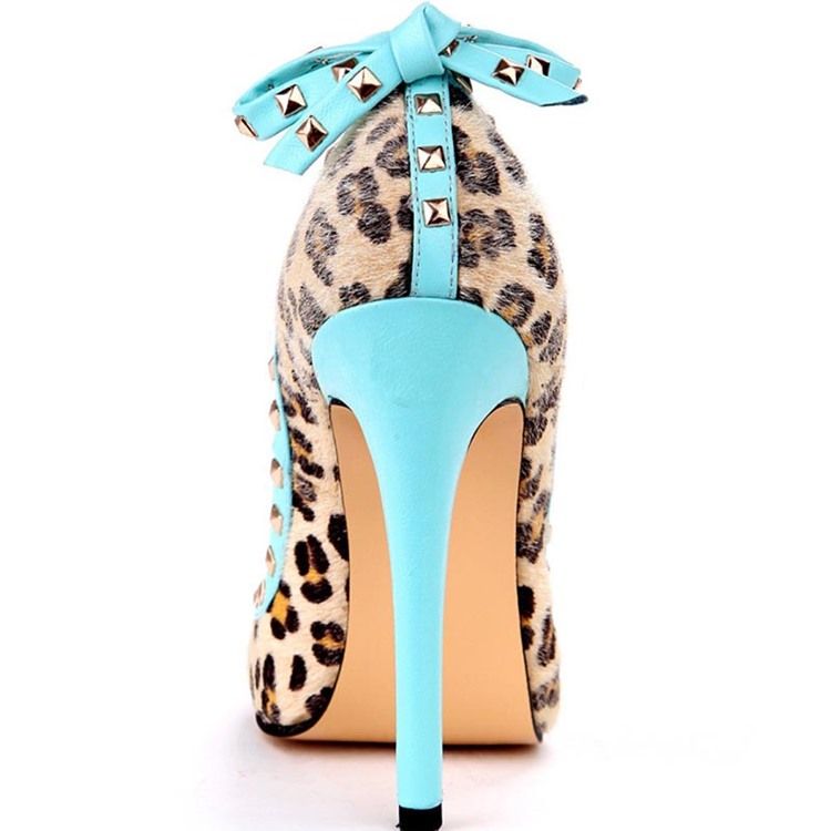 Nieten Leopard Stiletto-absatz Spitze Zehe Schleife Damen Pumps