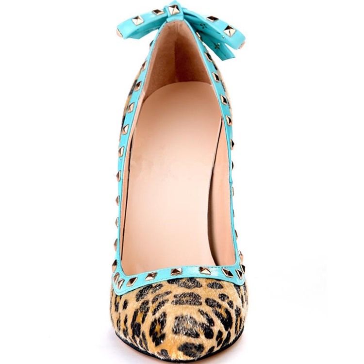 Nieten Leopard Stiletto-absatz Spitze Zehe Schleife Damen Pumps